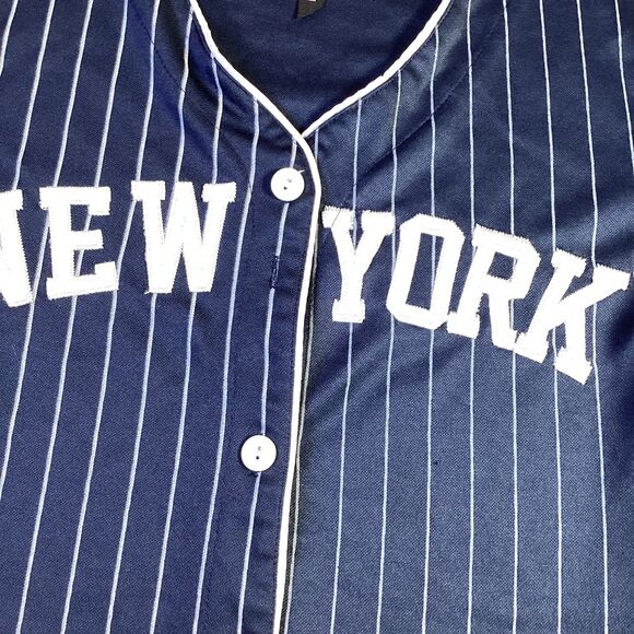 Womens New York Pinstripe Baseball Jersey Shirt Blue White Size L - Picture 5 of 6